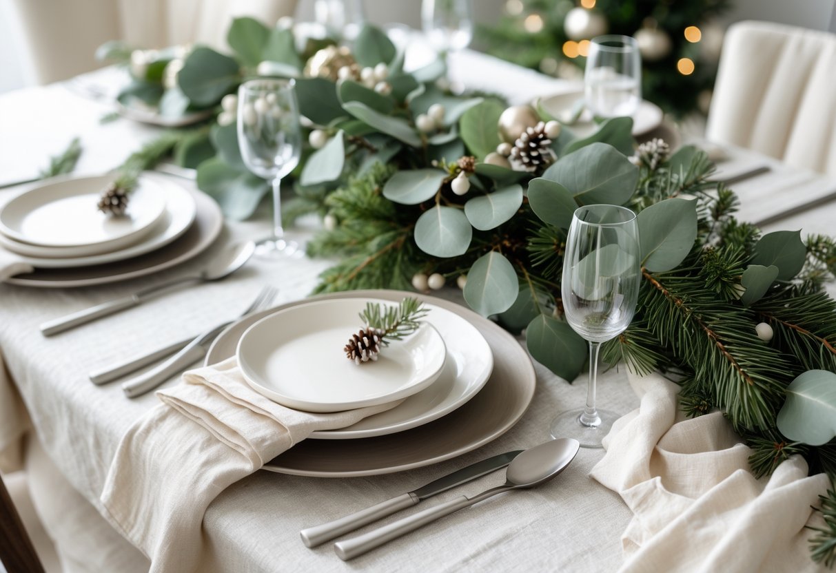 A Christmas table set with neutral-colored linens and a centerpiece made of green foliage and pine cones.