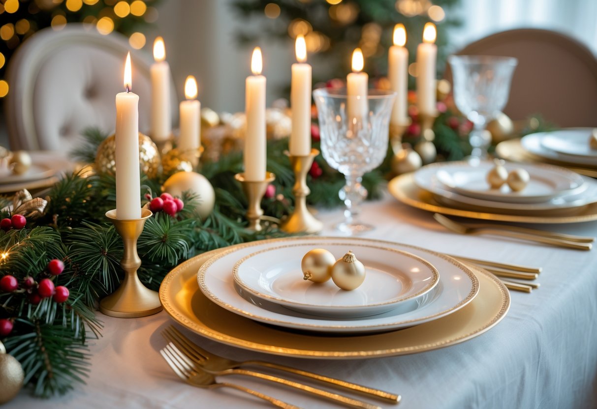 A Christmas table set with gold taper candles glowing warmly, surrounded by festive decorations including pine branches, red berries, plates, silverware, and glassware.