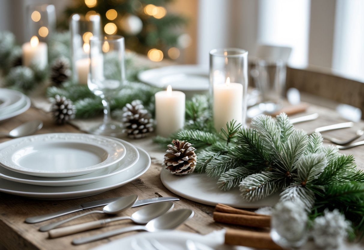 A Christmas table set with white plates, silver cutlery, clear glasses, and faux pine sprigs as simple decoration along the center, accompanied by candles and pine cones.