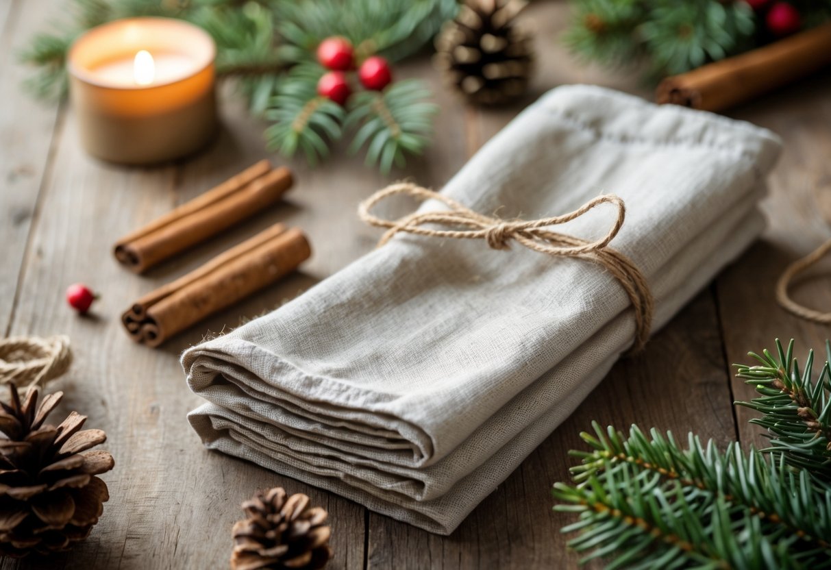 A Christmas table setting with linen napkins tied with twine, decorated with pine sprigs and cinnamon sticks on a wooden table.