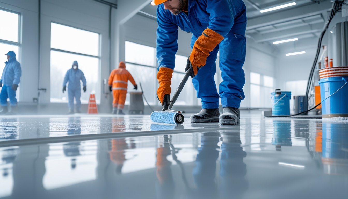 A worker applying epoxy flooring inside a cold indoor space, wearing warm clothing and using tools to spread the coating on the floor.