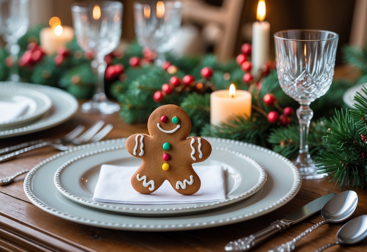 A Christmas table set with plates, cutlery, glasses, and gingerbread cookies used as place cards, decorated with pine branches and candles.