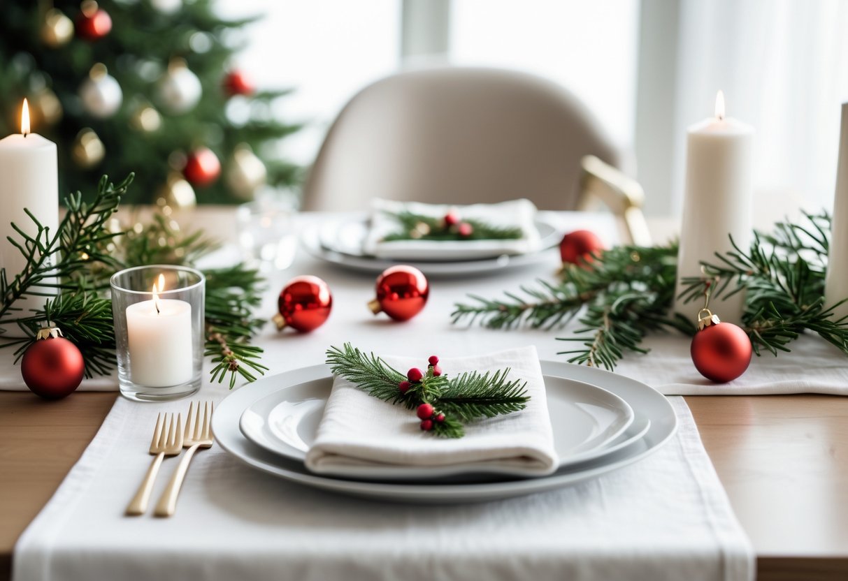 A Christmas table set with a white table runner, pine branches, red and gold ornaments, and white candles.
