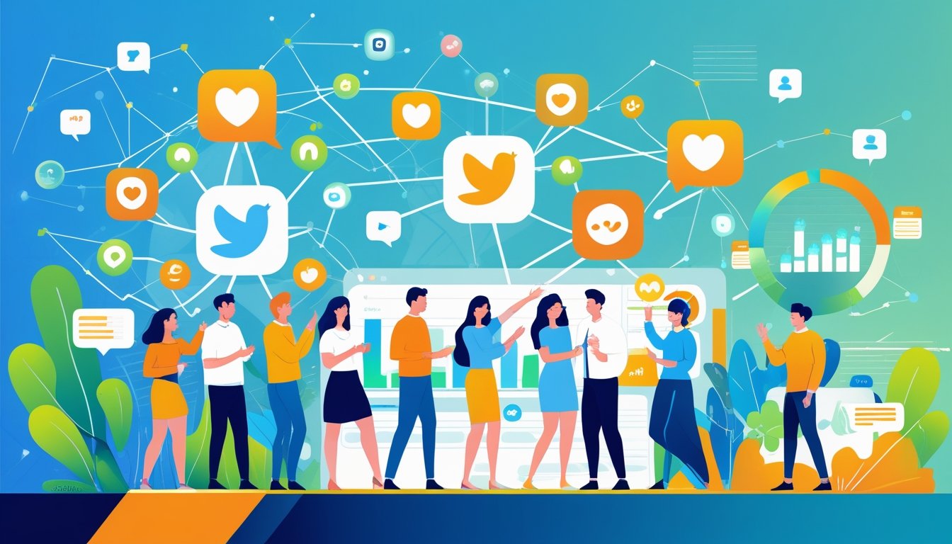 Menschen interagieren mit großen sozialen Medien-Symbolen und vernetzten Punkten, die Reichweite und Engagement in sozialen Netzwerken darstellen.
