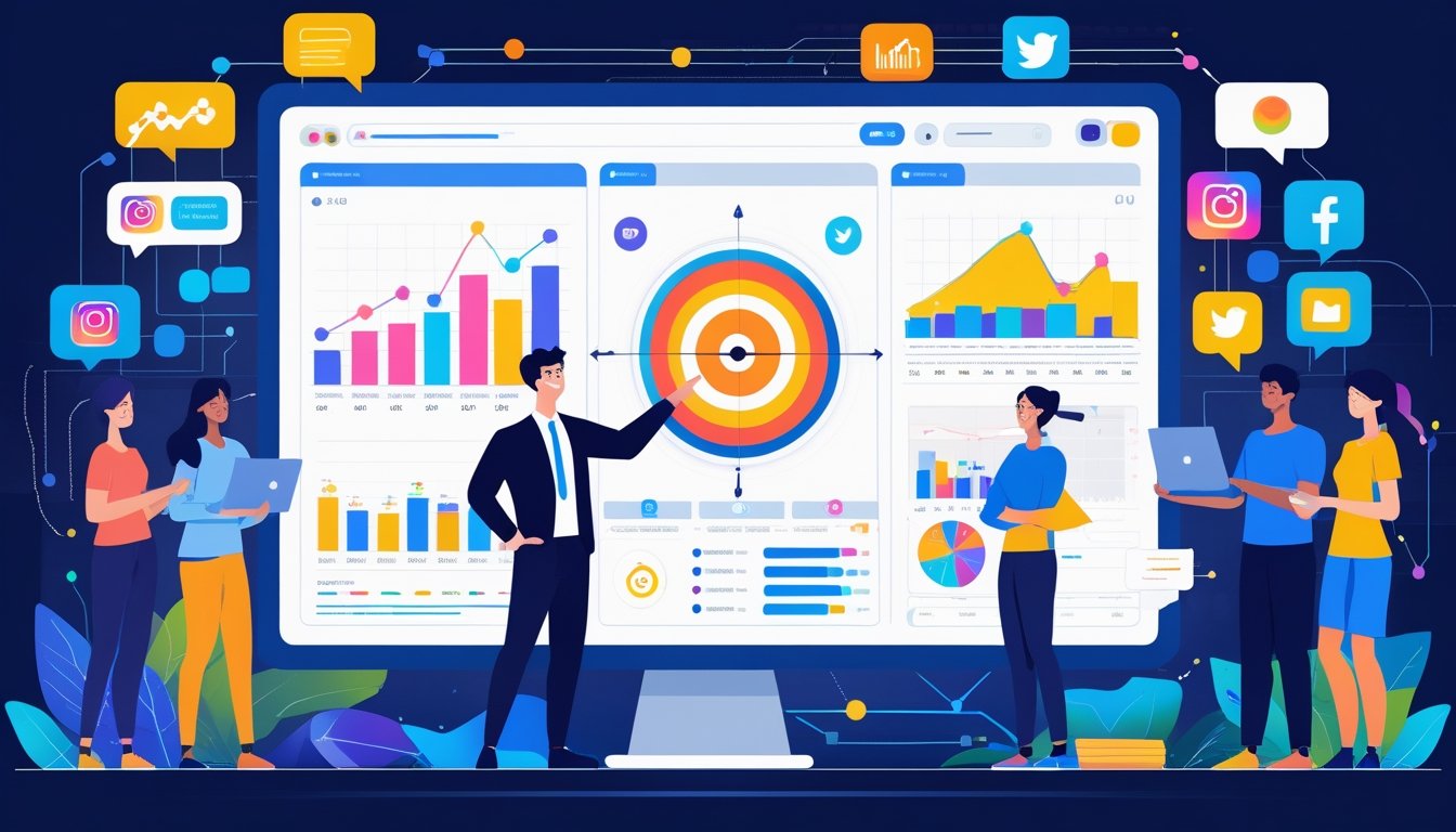 Eine Person zeigt auf ein digitales Dashboard mit Diagrammen und Social-Media-Symbolen, während ein Team zusammenarbeitet, um eine Social-Media-Kampagne zu planen.