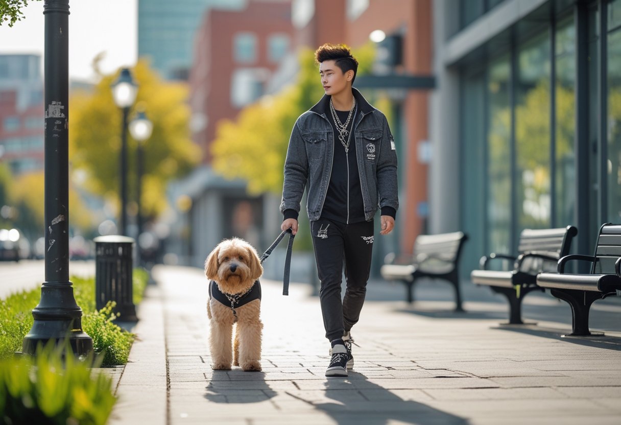 A person walking a dog on a city sidewalk with buildings and greenery in the background.