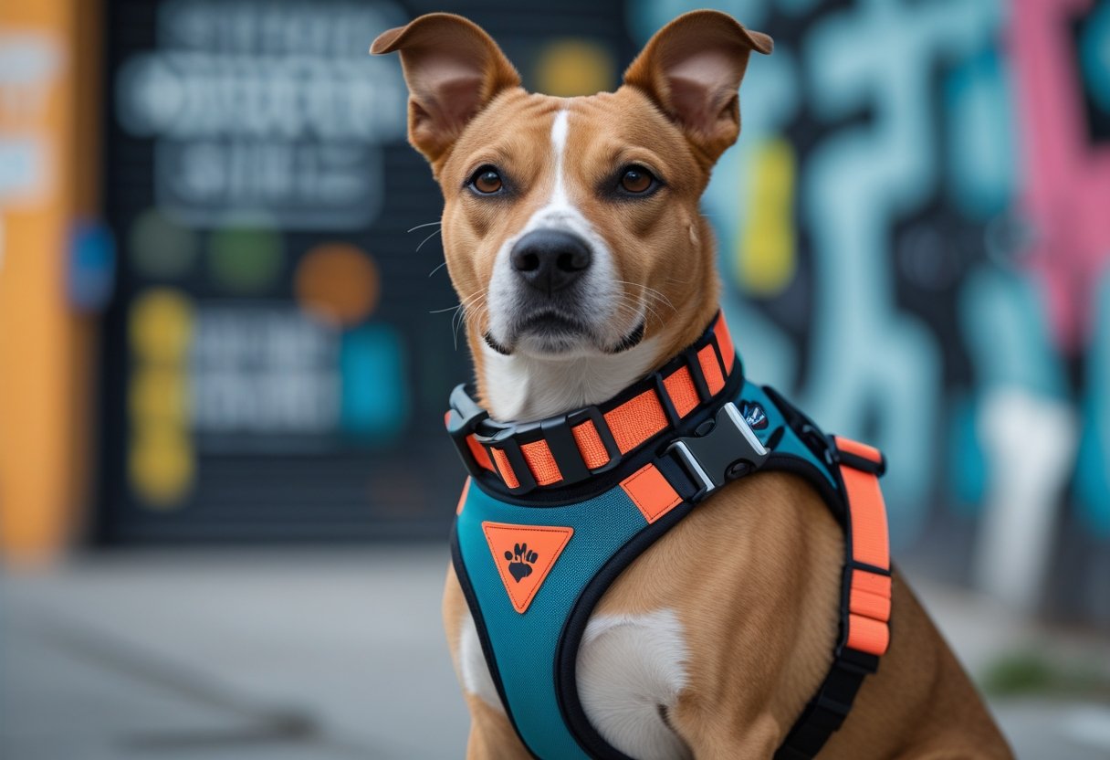 A medium-sized dog wearing a stylish harness and collar, standing in an urban outdoor setting with graffiti walls in the background.