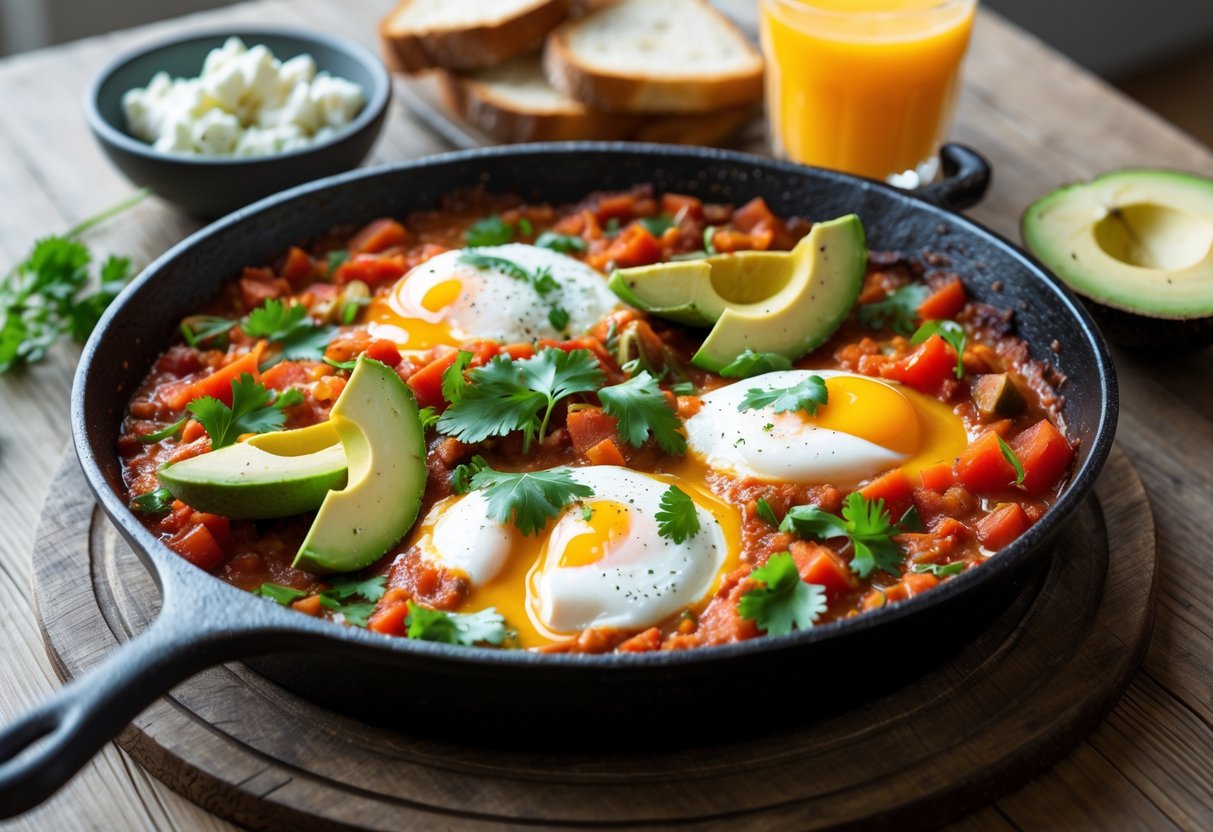 A skillet of shakshuka with poached eggs in tomato sauce, garnished with herbs, served with toasted bread and a glass of orange juice on a wooden table.