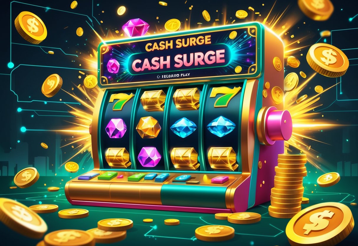 Ilustrasi mesin slot berwarna cerah dengan simbol koin, tumpukan uang, dan ikon bonus yang bersinar, dikelilingi oleh aliran koin dan uang yang bergerak dinamis.