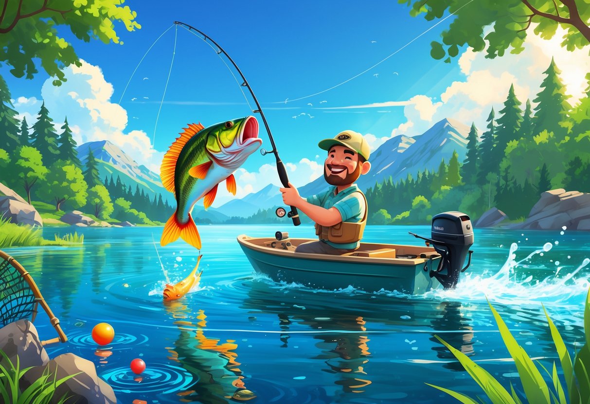 Seorang nelayan ceria memancing ikan bass besar di danau yang dikelilingi pepohonan hijau dan gunung di kejauhan.