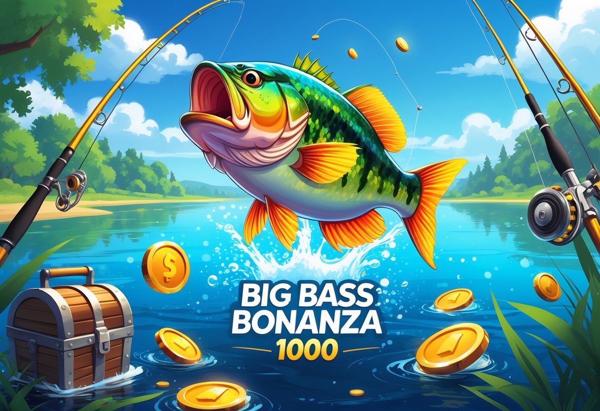 Ikan bass besar melompat dari air di tepi danau yang cerah dengan peralatan memancing dan harta karun di sekitar air.