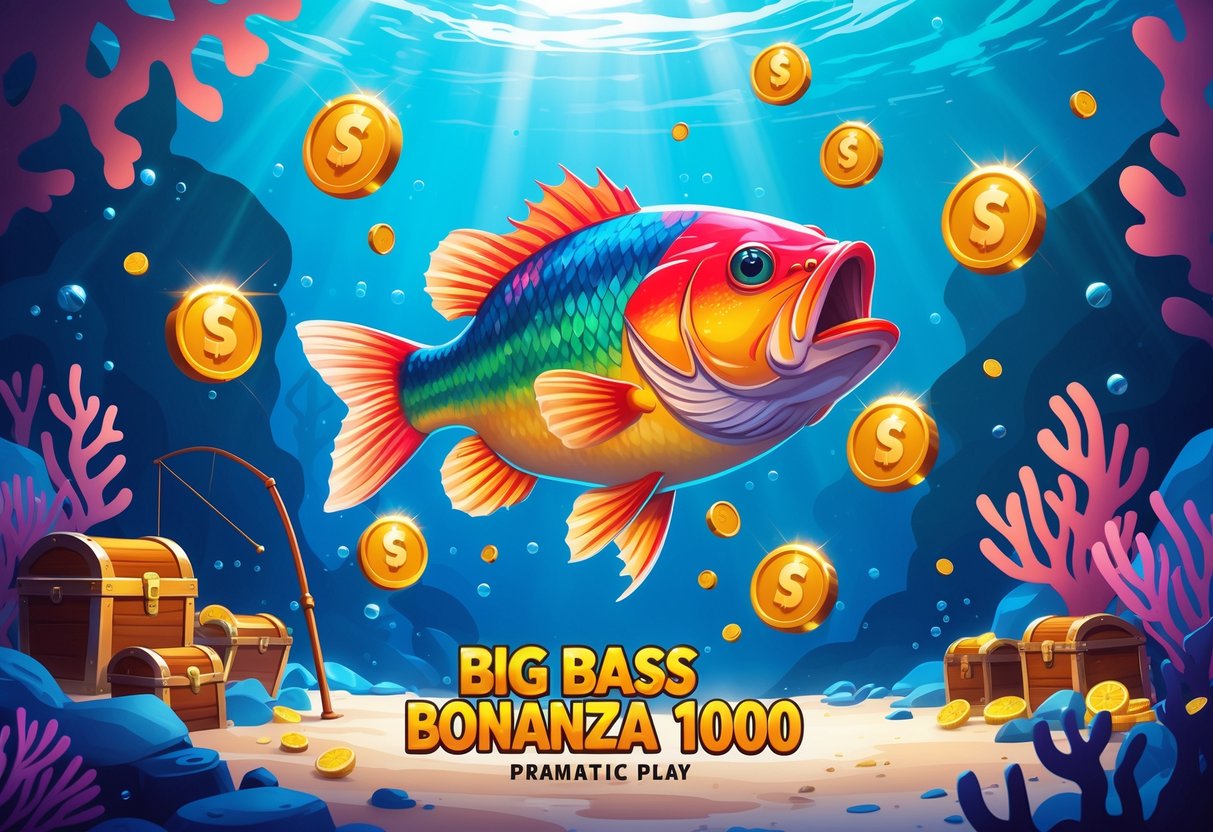 Ilustrasi ikan bass besar di lingkungan bawah laut dengan ikon bonus, pengganda, dan elemen seri permainan yang mengelilinginya.