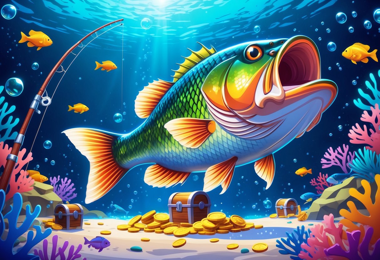 Ilustrasi bawah laut dengan ikan bass besar, alat pancing, koin emas, dan harta karun di dasar laut yang menunjukkan tema permainan memancing.