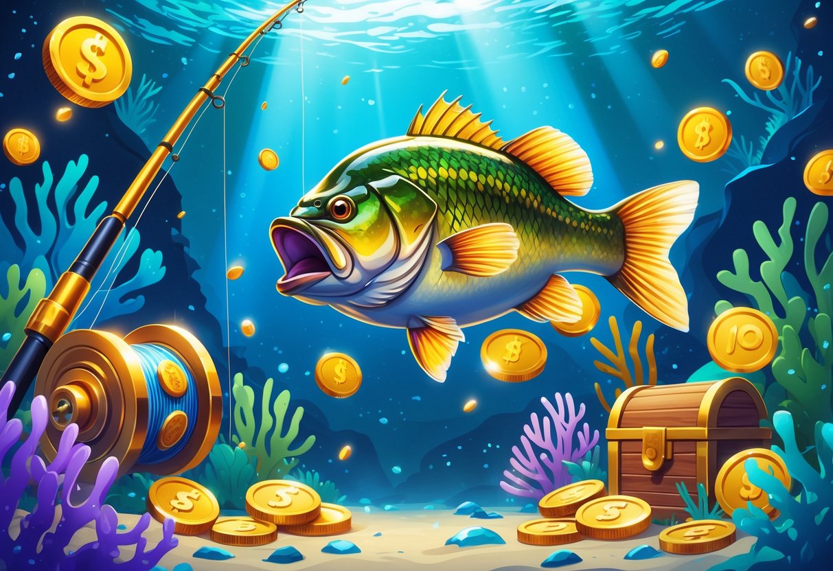 Ikan bass besar melompat di air dengan latar terumbu karang berwarna-warni dan koin emas mengambang di sekitarnya.