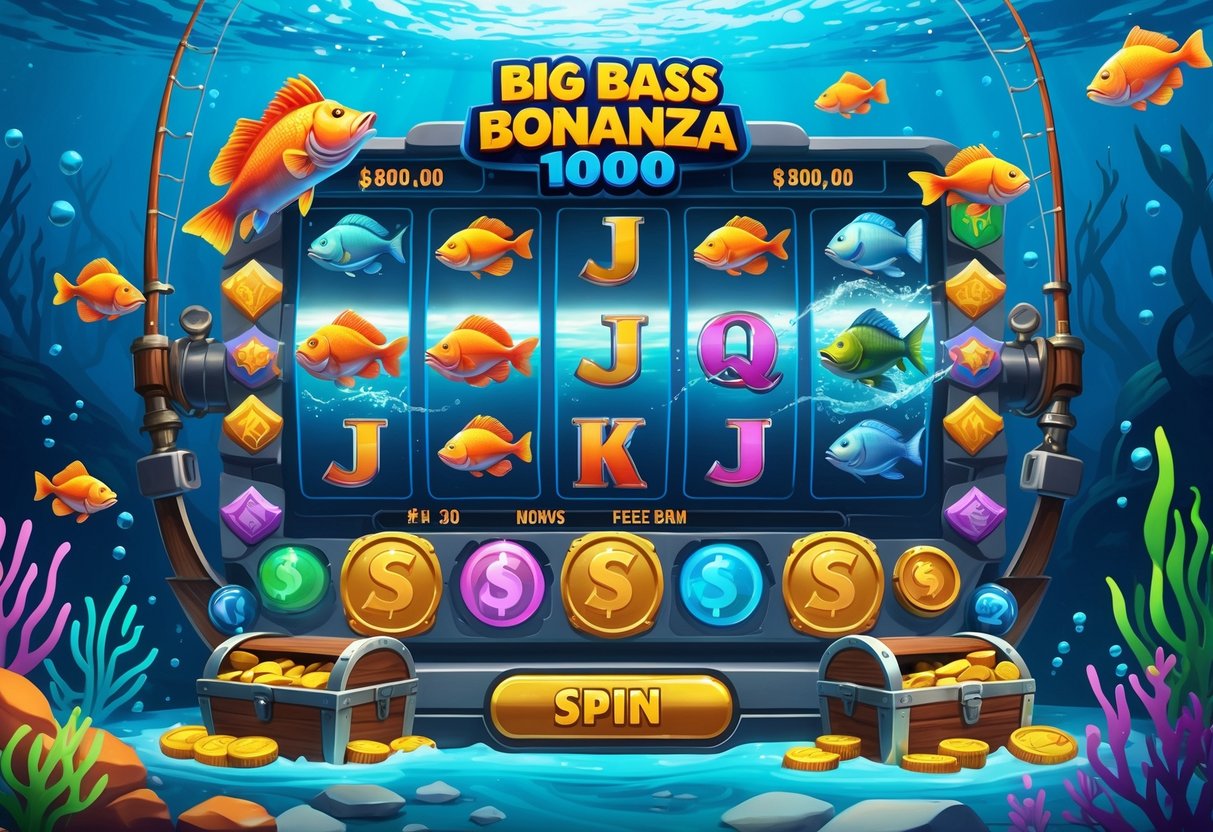 Ilustrasi permainan slot Big Bass Bonanza 1000 dengan tema memancing bawah laut, menampilkan mesin slot dengan simbol ikan, kail pancing, dan harta karun di lingkungan laut yang penuh warna.