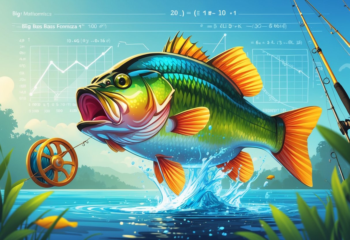 Ilustrasi ikan bass besar melompat dari air dengan peralatan memancing di sekitarnya dan elemen matematika seperti grafik dan rumus di latar belakang.