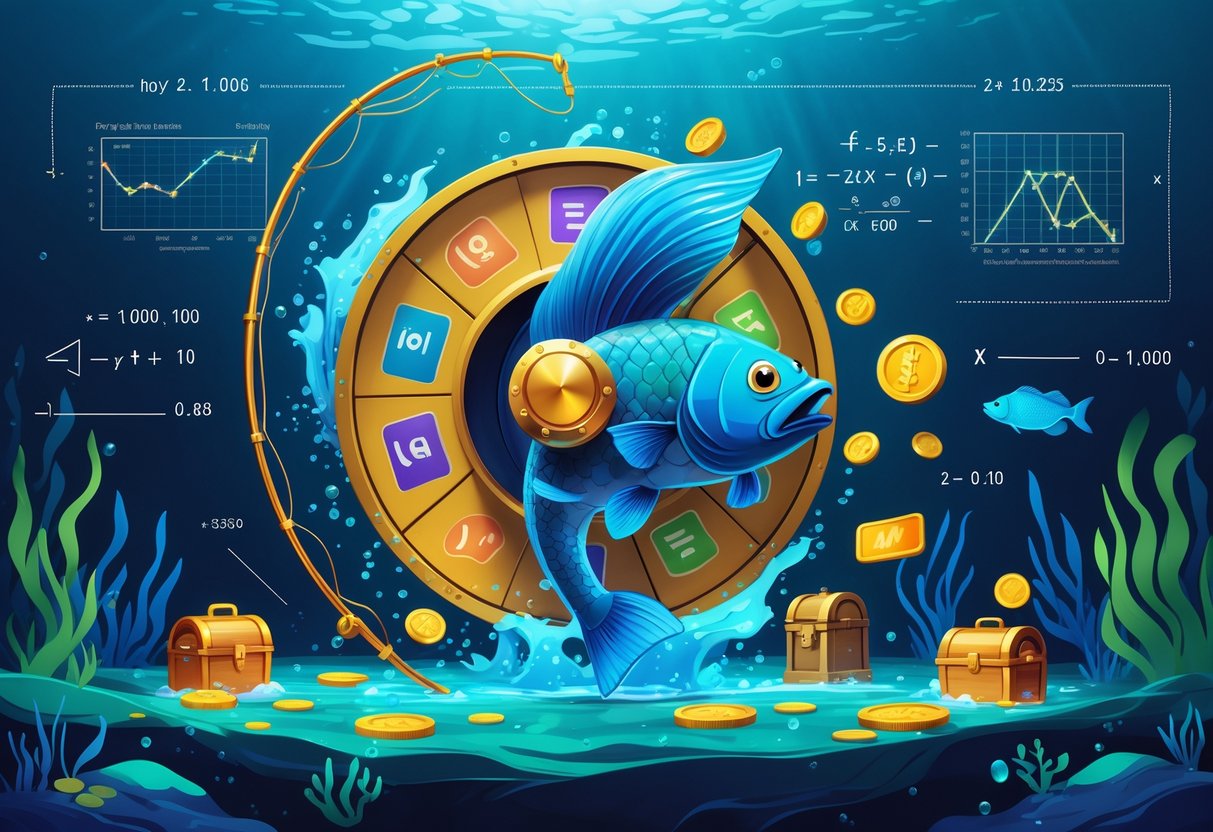 Ilustrasi bawah laut yang menampilkan gulungan slot besar dengan simbol matematika dan ikon permainan seperti ikan, pancing, dan koin di sekitarnya.