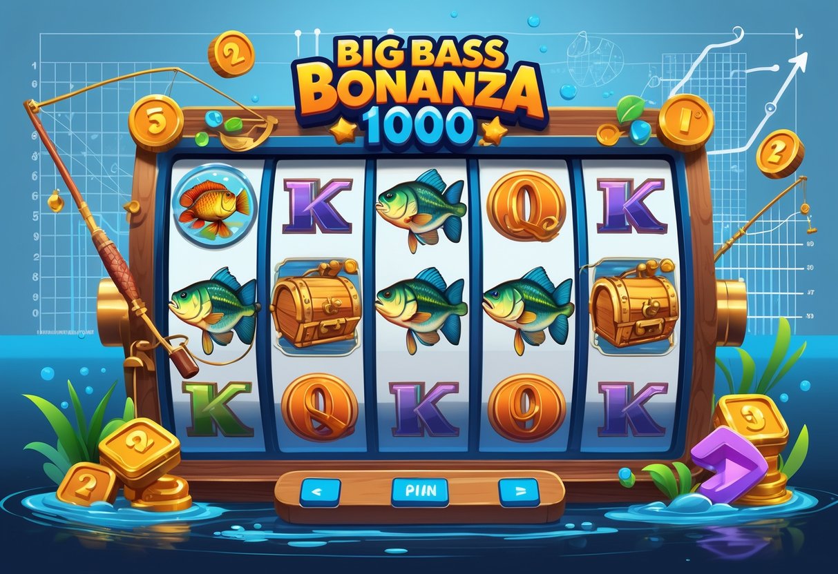 Ilustrasi mesin slot dengan simbol ikan bass besar dan alat pancing, dikelilingi oleh elemen matematika seperti angka dan grafik yang menggambarkan konsep matematika di balik permainan.