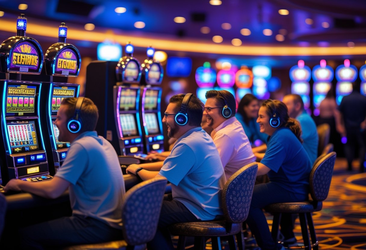 People playing slot machines and have casino sound effects