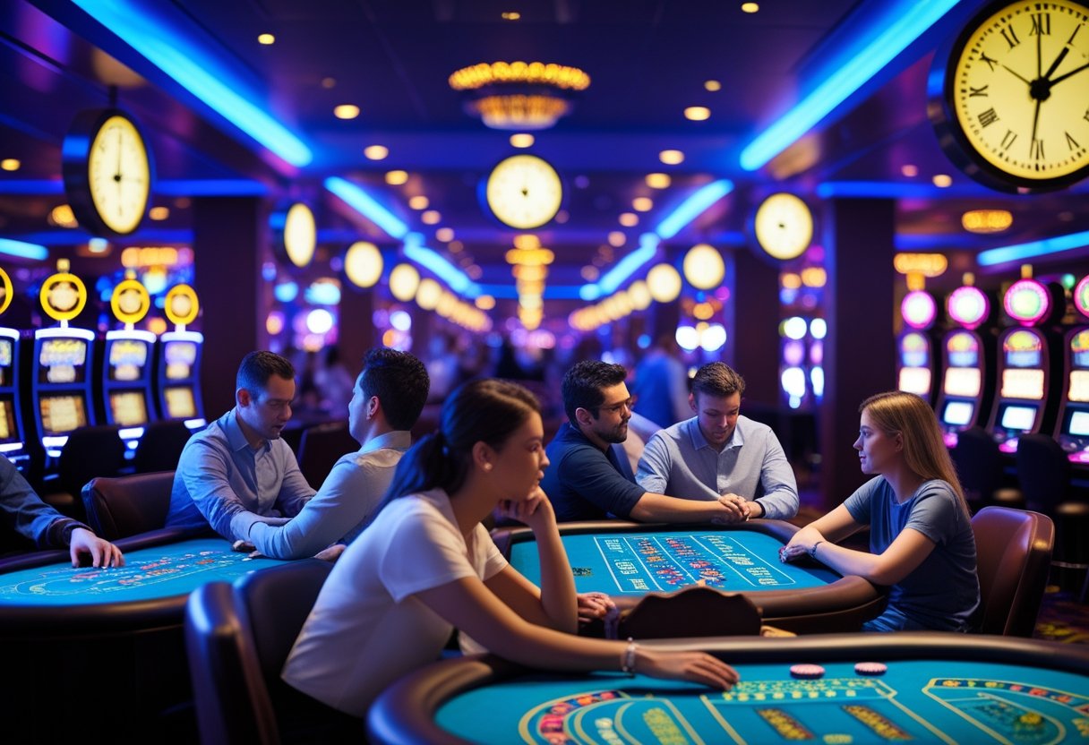 People gambling in a casino with clocks on the walls appearing distorted to represent altered time perception.