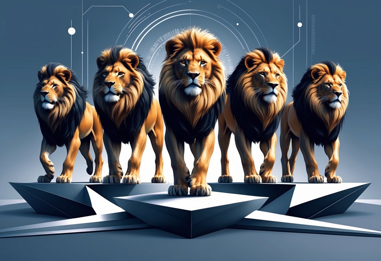 Lima singa yang gagah dan kuat berdiri bersama di atas platform modern dengan latar belakang abstrak yang menunjukkan pertumbuhan dan keamanan.