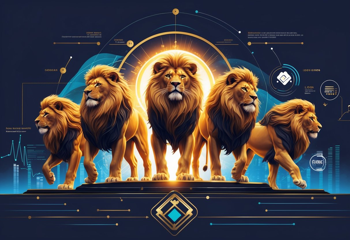 Lima singa gagah berdiri mengelilingi lambang bercahaya yang melambangkan keamanan dan pertumbuhan, dengan latar belakang elemen digital dan matahari terbit.