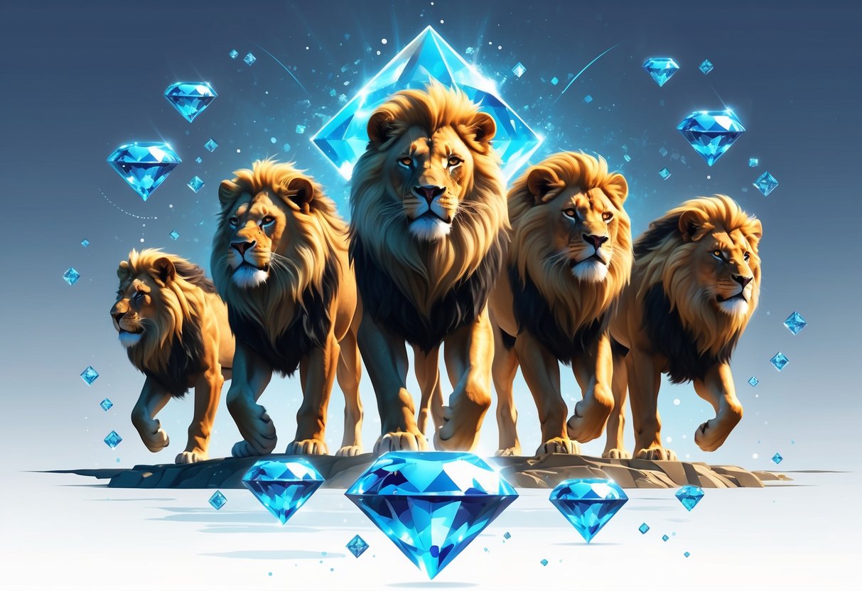 Ilustrasi lima singa yang gagah dengan latar berlian dan elemen yang menunjukkan bonus dan fitur khusus.