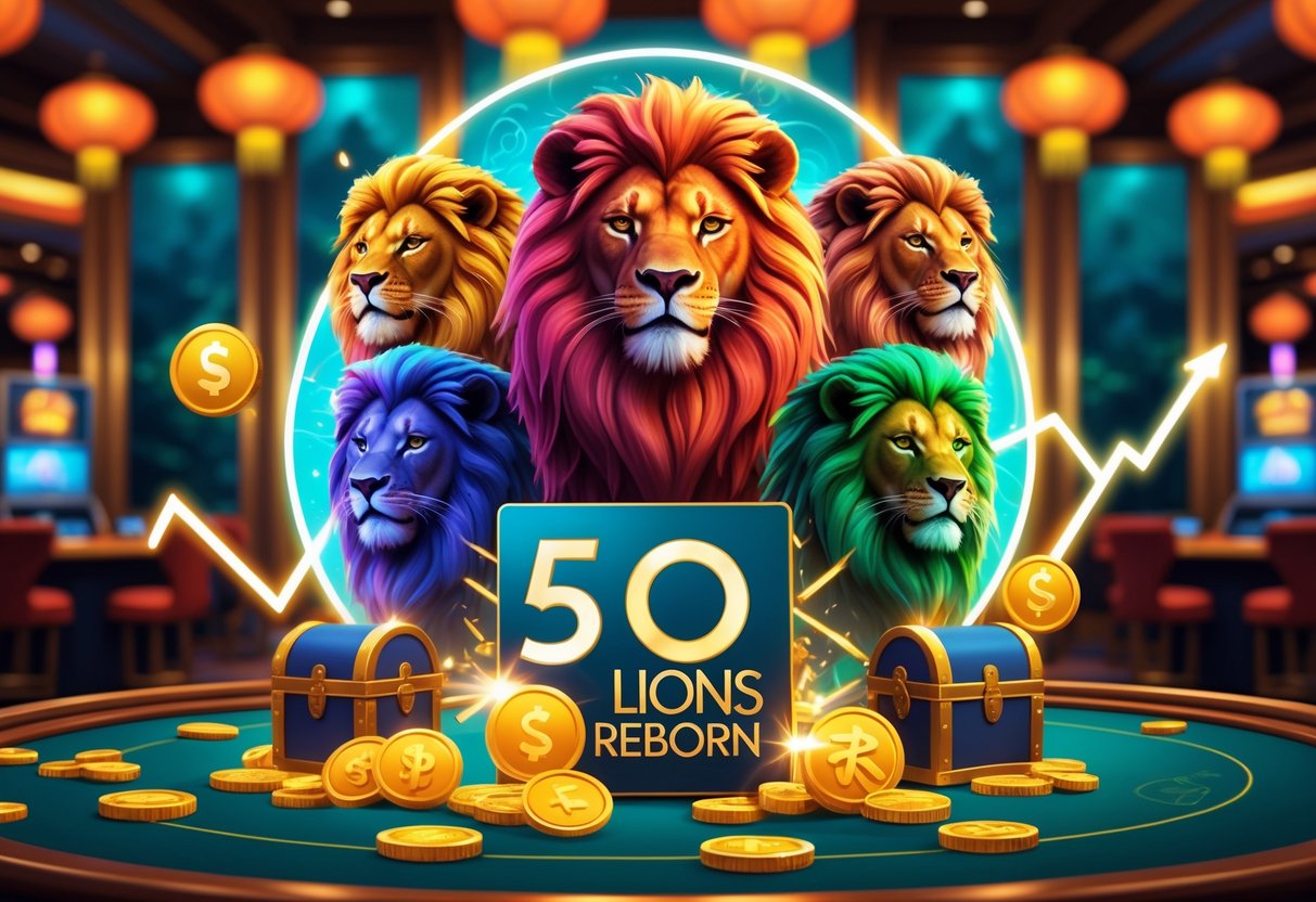 Lima singa berwarna cerah dikelilingi oleh grafik dan simbol yang mewakili RTP, volatilitas, dan fitur bonus dalam permainan kasino dengan latar belakang motif Asia dan warna emas, merah, dan hijau.