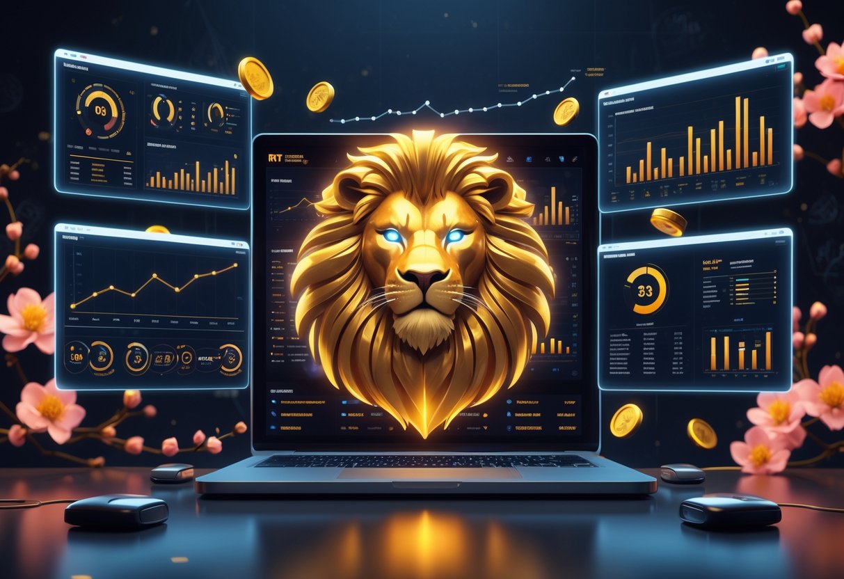 Ilustrasi profesional yang menunjukkan analisis data RTP dan volatilitas pada permainan 5 Lions Reborn dengan grafik dan simbol singa emas di latar belakang.