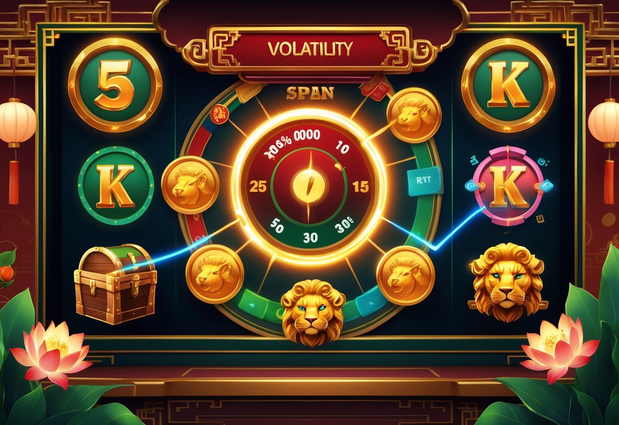 Ilustrasi fitur bonus utama dan mekanisme kemenangan pada permainan 5 Lions Reborn dengan simbol singa emas, grafik volatilitas, dan ikon harta karun di latar bertema kasino dengan ornamen Asia.