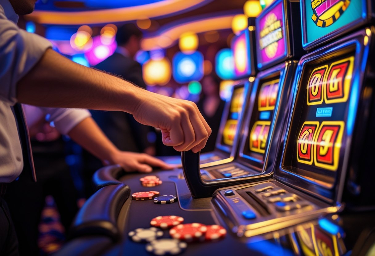 A person pulling a slot machine lever in a lively casino with colorful lights and gaming elements around.