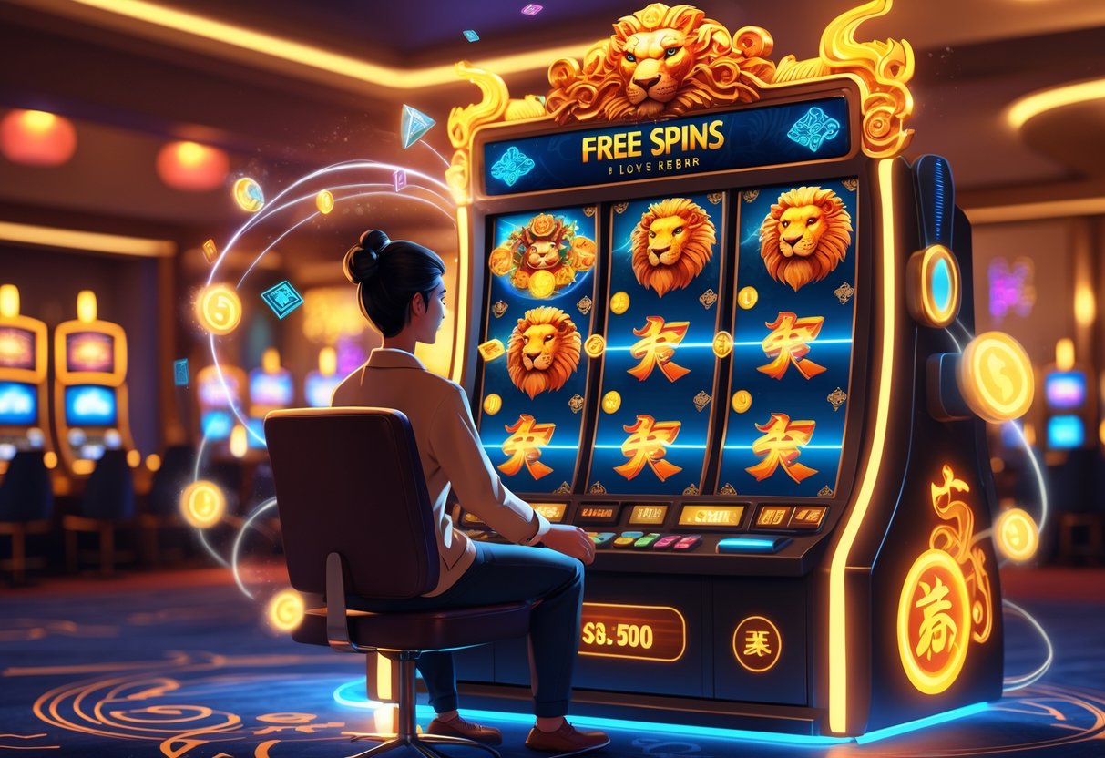 Seorang pemain sedang duduk di depan mesin slot bergambar lima singa yang megah dengan latar kasino yang hangat dan pencahayaan elegan.