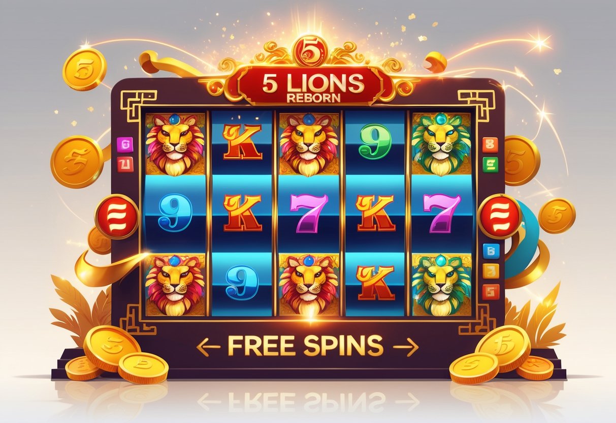 Ilustrasi mesin slot dengan simbol singa dan elemen keberuntungan yang menggambarkan fitur putaran gratis dalam permainan 5 Lions Reborn.