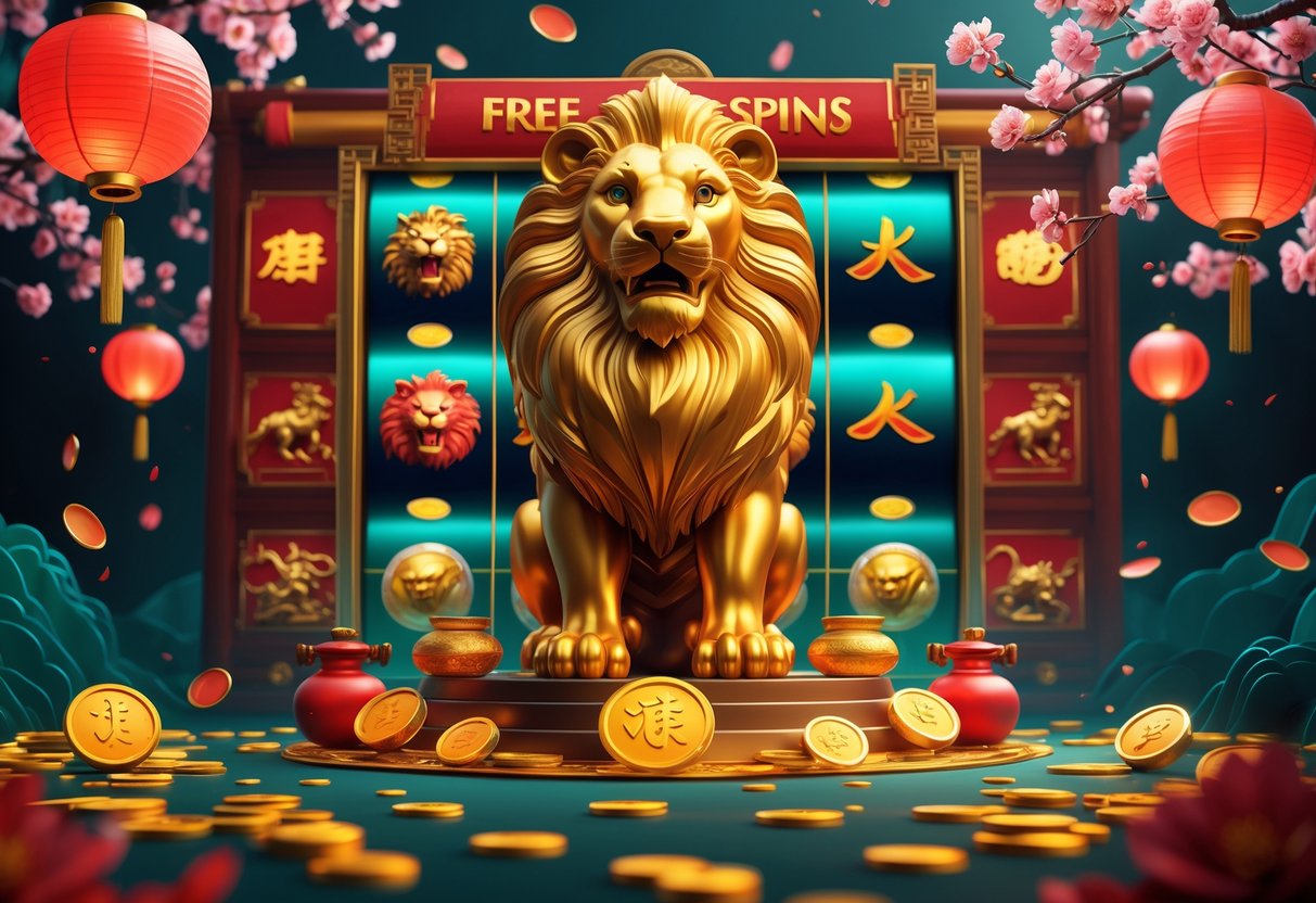 Ilustrasi singa emas besar dengan latar belakang elemen tradisional Asia Timur dan simbol mesin slot yang berputar.