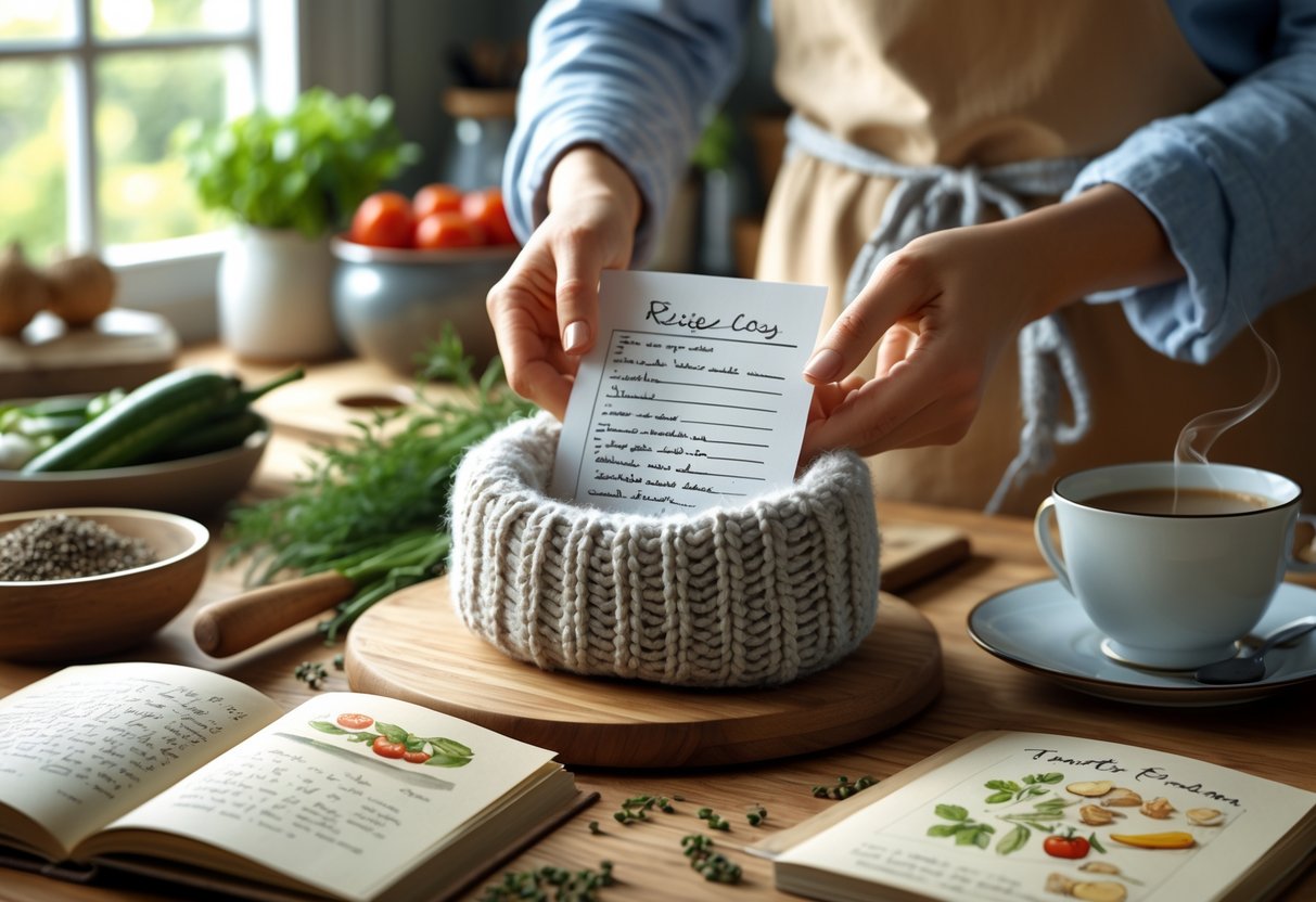 A person wrapping a handwritten recipe card in a knitted cozy at a wooden kitchen table surrounded by fresh ingredients and a steaming cup.