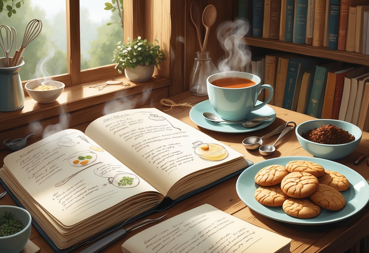 A cozy writer's desk with an open notebook, baking ingredients, and a cup of tea, blending cooking and storytelling elements.