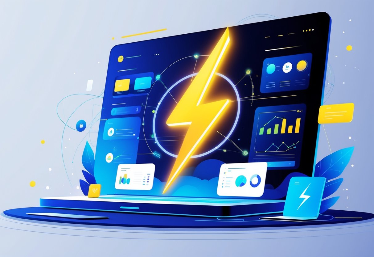 Ilustrasi sebuah antarmuka digital modern dengan simbol petir yang menyala di tengah, dikelilingi oleh elemen grafis abstrak yang menggambarkan data dan konektivitas.