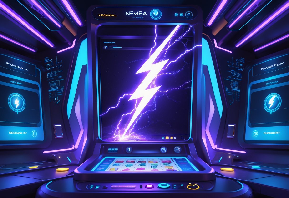 Ilustrasi sebuah mesin permainan dengan petir menyambar di latar belakang, dikelilingi oleh pola teknologi yang bersinar.