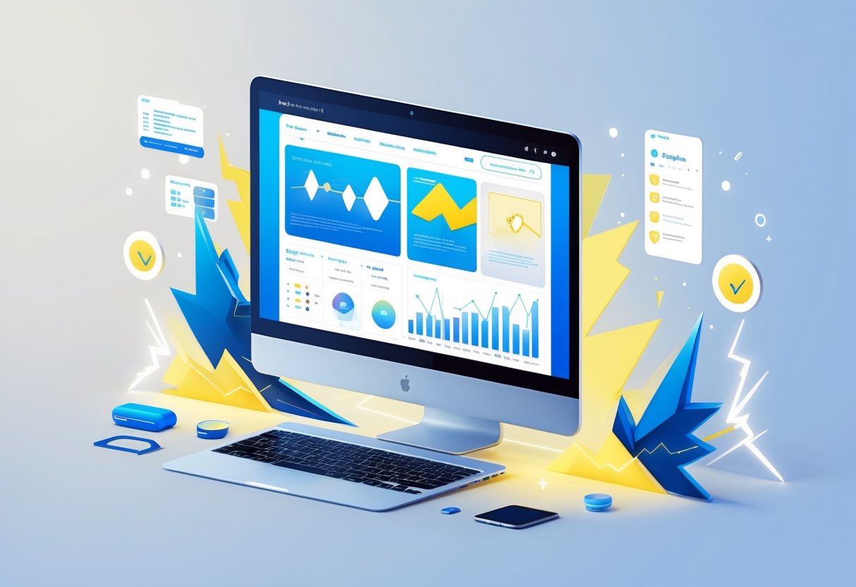 Ilustrasi komputer modern yang menampilkan situs web terpercaya dengan simbol petir dan elemen informasi di sekitarnya.