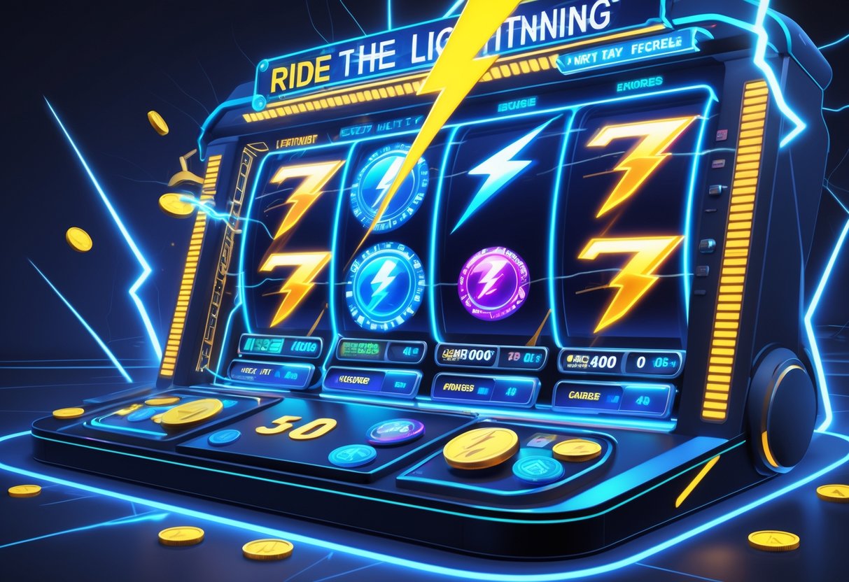 Ilustrasi mesin slot dengan petir menyambar dan efek listrik di latar belakang yang menggambarkan permainan kasino elektronik.