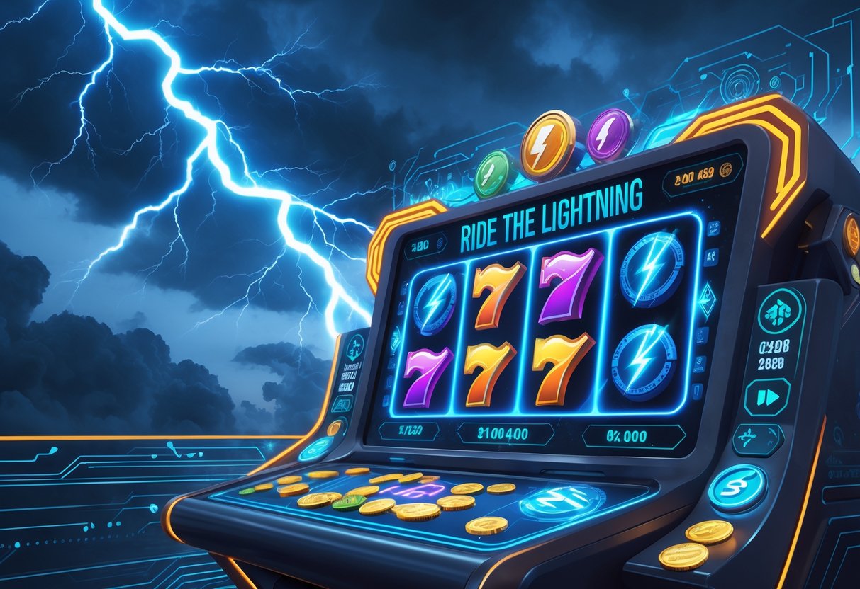 Ilustrasi mesin slot futuristik dengan petir menyambar di langit gelap dan simbol permainan yang menyala di layar.