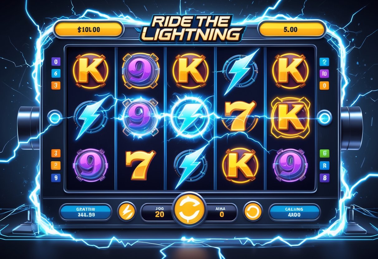 Ilustrasi mesin slot dengan efek petir, menampilkan simbol-simbol bonus dan energi listrik yang mengalir di sekitar gulungan.