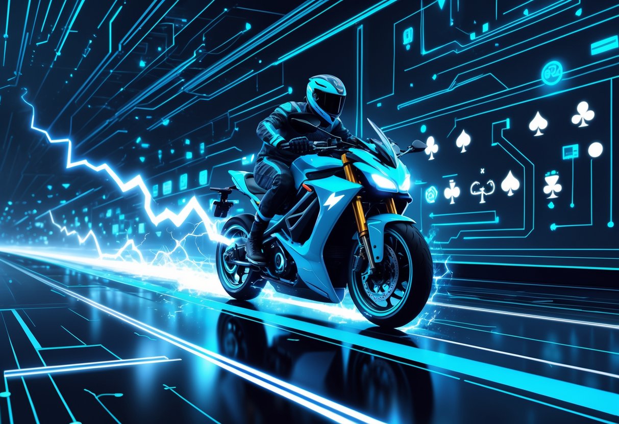 Ilustrasi sepeda motor listrik futuristik yang melaju dengan kilatan petir di lanskap digital berteknologi tinggi dengan pola sirkuit dan elemen kasino seperti ikon mesin slot dan kartu bermain.