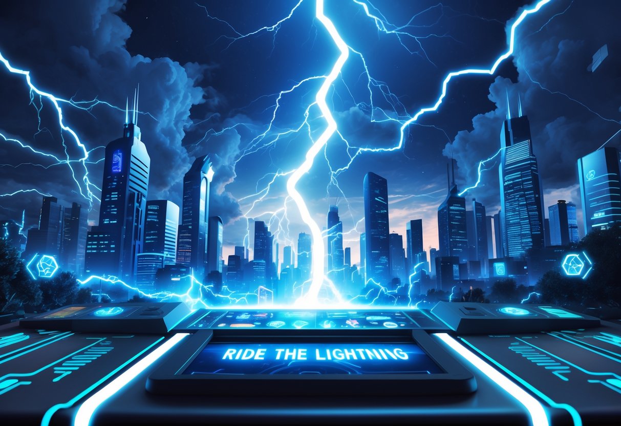 Pemandangan kota futuristik malam hari dengan petir menyambar dan mesin slot modern yang menyala di latar depan.