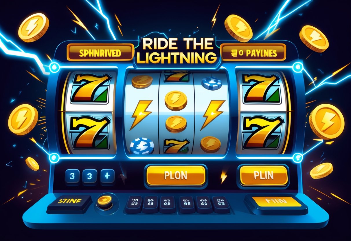 Ilustrasi mesin slot dengan simbol petir dan koin, menampilkan mekanisme permainan dan garis pembayaran yang menyala.