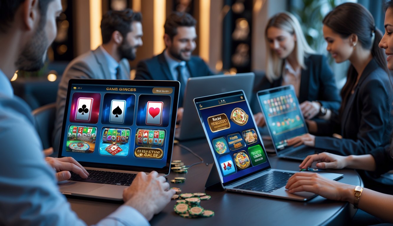 Beberapa orang menggunakan perangkat digital untuk bermain berbagai permainan kasino online di sebuah ruangan modern dan nyaman.