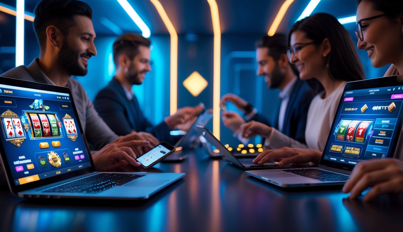 Orang-orang menggunakan perangkat digital untuk bermain berbagai permainan judi online populer di ruangan modern.