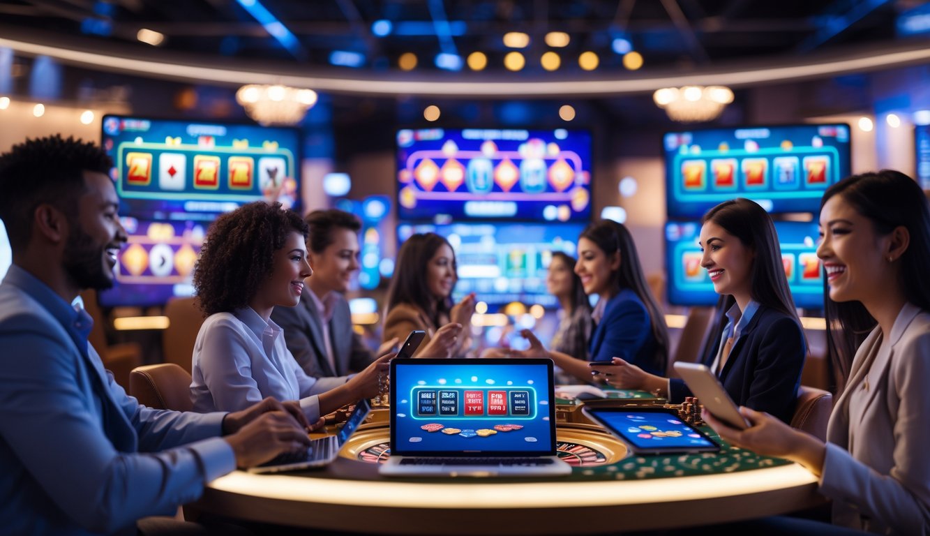 Beberapa orang bermain judi online dengan berbagai mode permainan di sebuah ruangan modern.