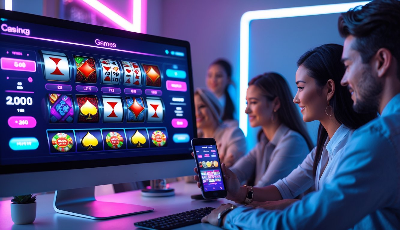 Orang-orang menggunakan komputer dan ponsel untuk bermain permainan judi online dengan antarmuka digital yang modern dan penuh warna.