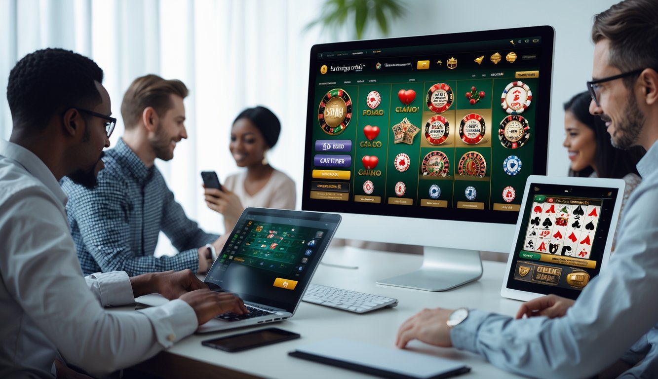 Orang-orang menggunakan perangkat digital untuk bermain permainan judi online di ruang kerja modern yang terang dan rapi.